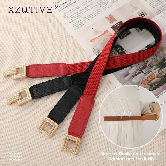 Women Skinny Elastic Cinch Belt 2-Pack Retro Gold Buckle Fits Waist 32-39 main image 6